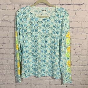 Lands End Womens Long Sleeve Rash Guard Citrus & Geometric Print Blue Yellow XL